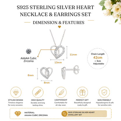 S925 Sterling Silver C/Z Heart Pendant Necklace and Stud Earring Set