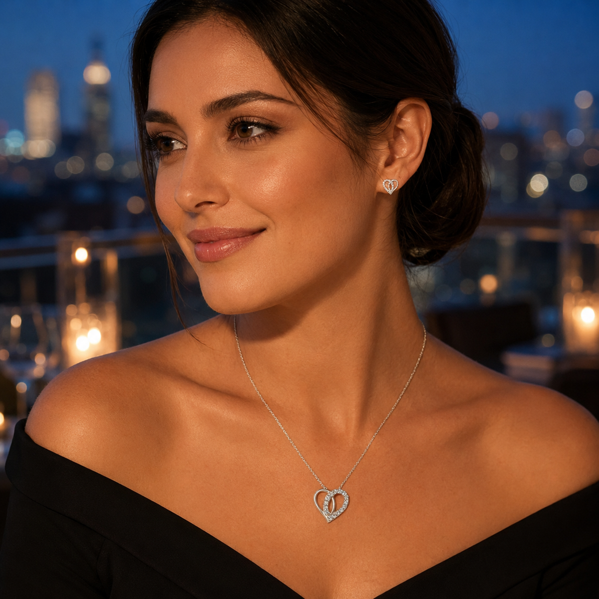 S925 Sterling Silver C/Z Heart Pendant Necklace and Stud Earring Set