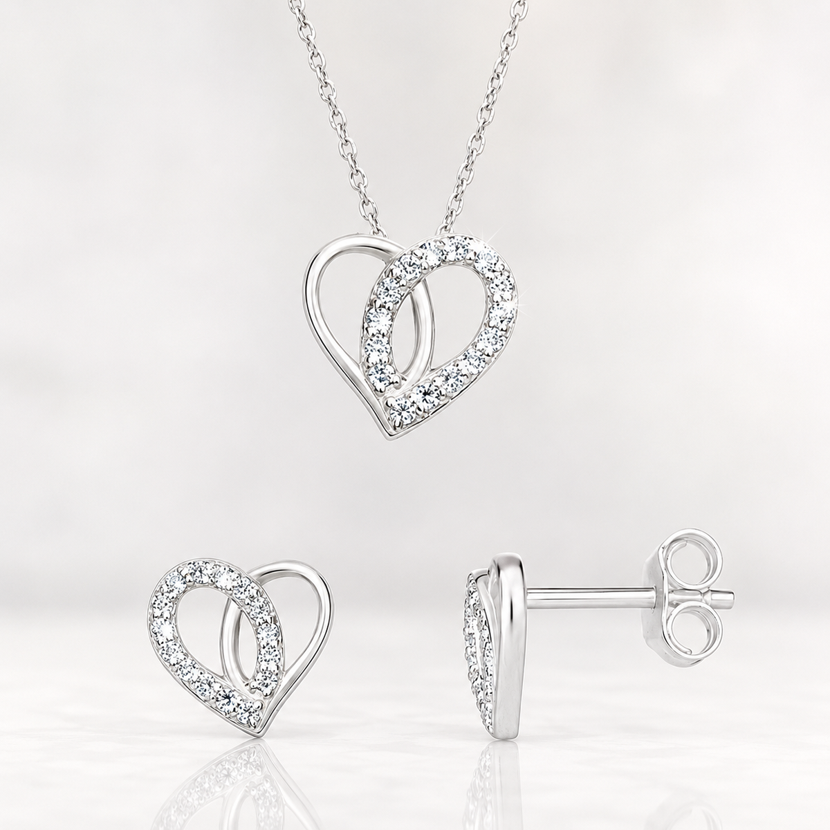 S925 Sterling Silver C/Z Heart Pendant Necklace and Stud Earring Set