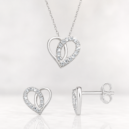 S925 Sterling Silver C/Z Heart Pendant Necklace and Stud Earring Set