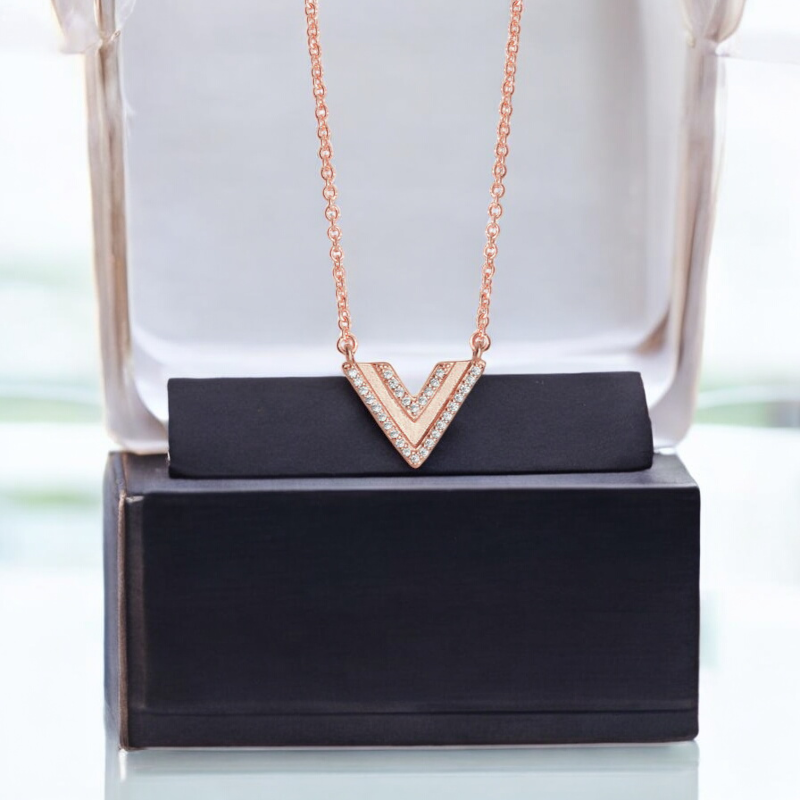 Sterling Silver Rose Gold Cubic Zirconia Linear Triangle Necklace