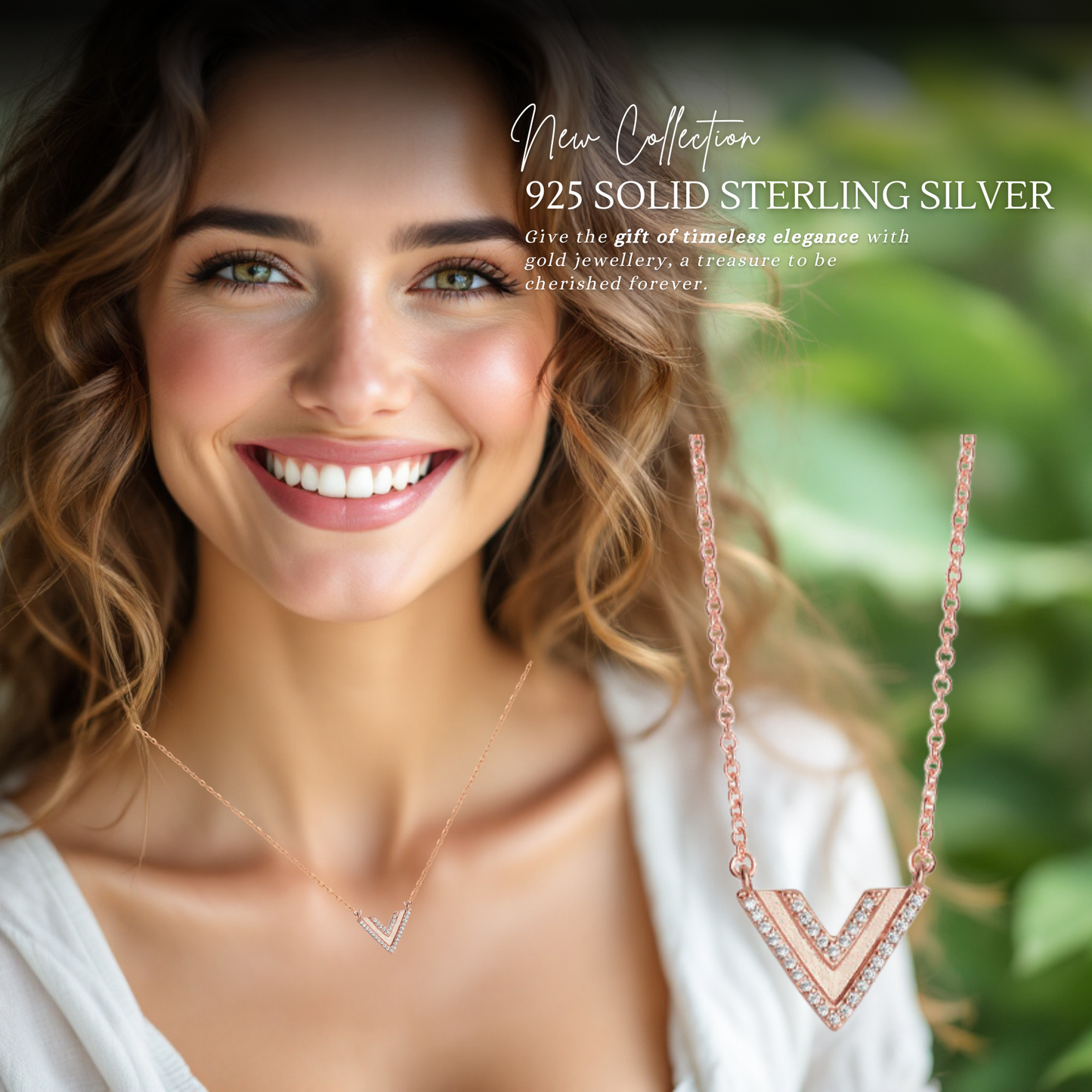 Sterling Silver Rose Gold Cubic Zirconia Linear Triangle Necklace