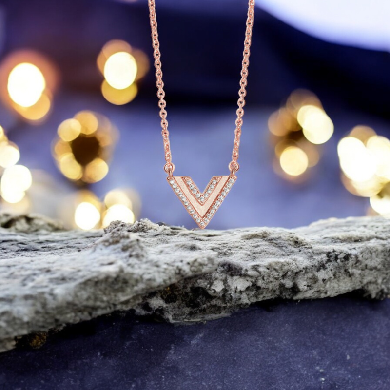 Sterling Silver Rose Gold Cubic Zirconia Linear Triangle Necklace