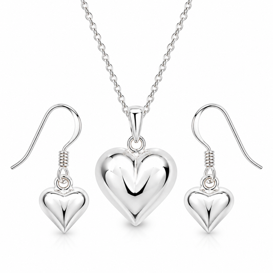 Sterling Silver Plain Puff Heart Necklace and Hook Earrings Set
