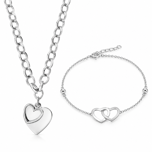 Sterling Silver Double Heart Belcher Necklace and Heart Anklet Bracelet Set