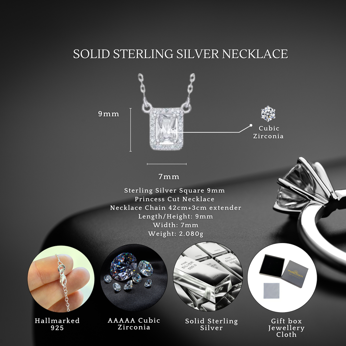 Sterling Silver Cubic Zirconia Square 9mm Princess Cut Necklace