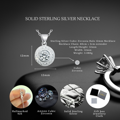 Sterling Silver Cubic Zirconia Halo 12mm Necklace