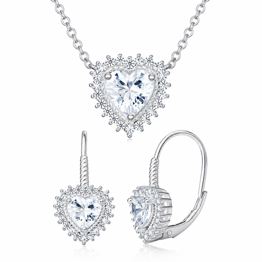 Sterling Silver Cubic Zirconia 12mm Heart Necklace and Huggies Earrings Set