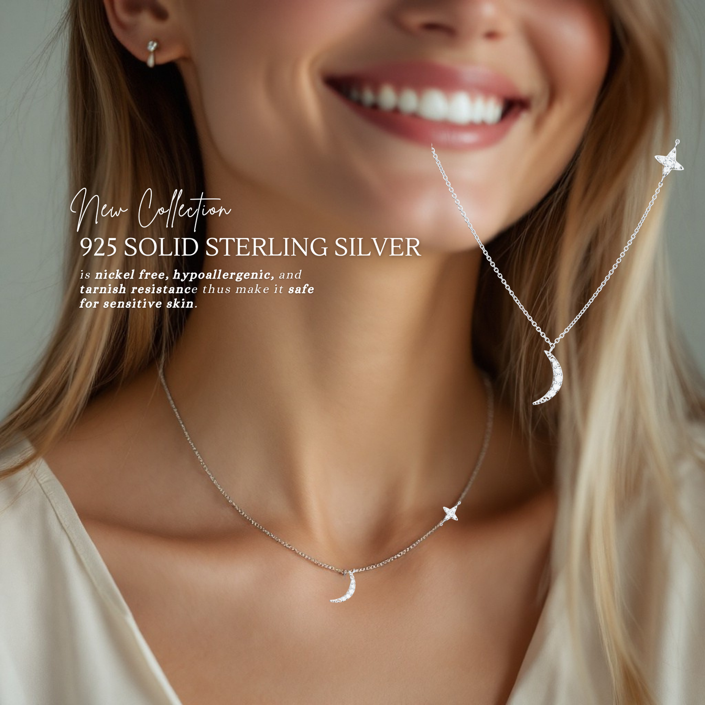 Sterling Silver Cubic Zirconia Moon Star Necklace