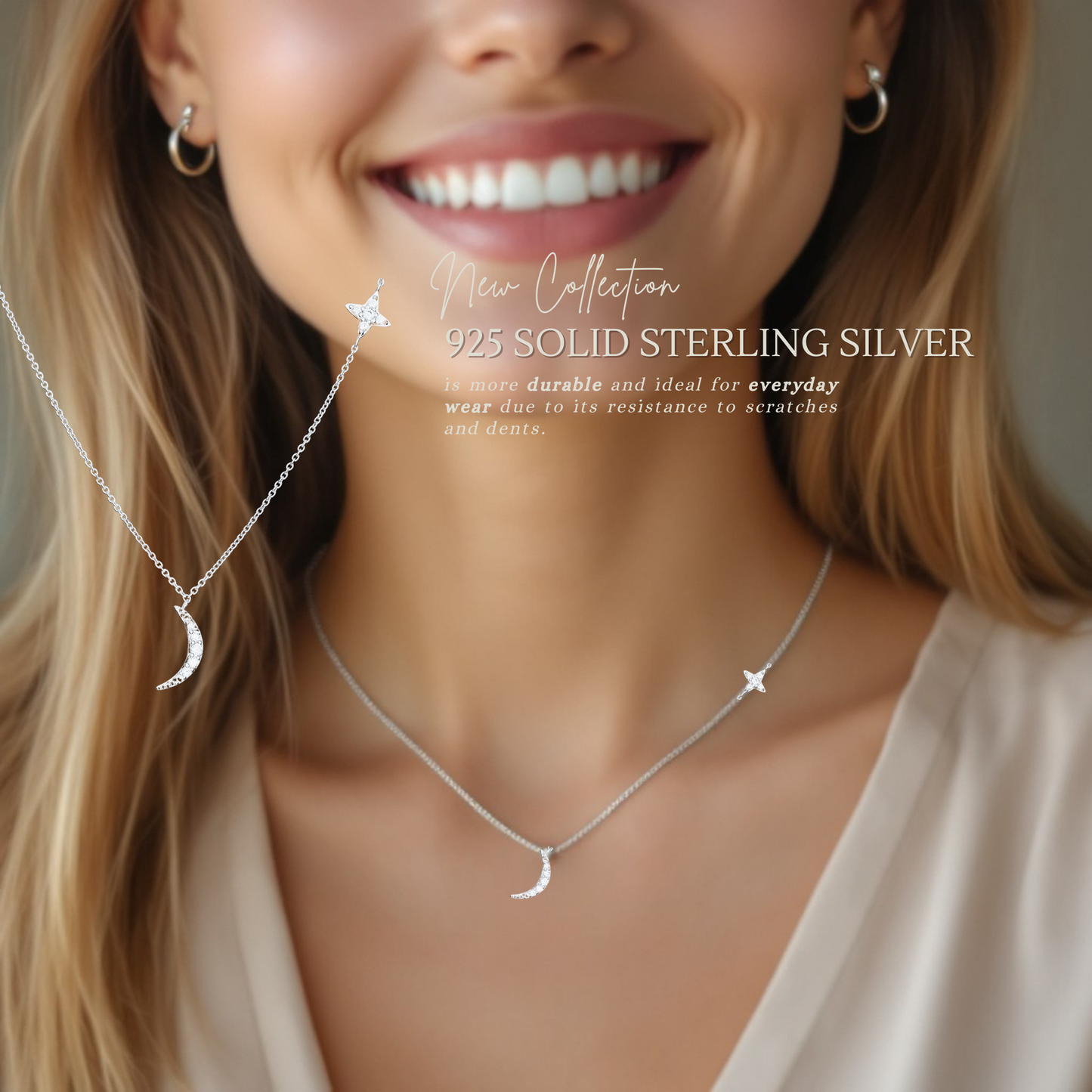 Sterling Silver Cubic Zirconia Moon Star Necklace