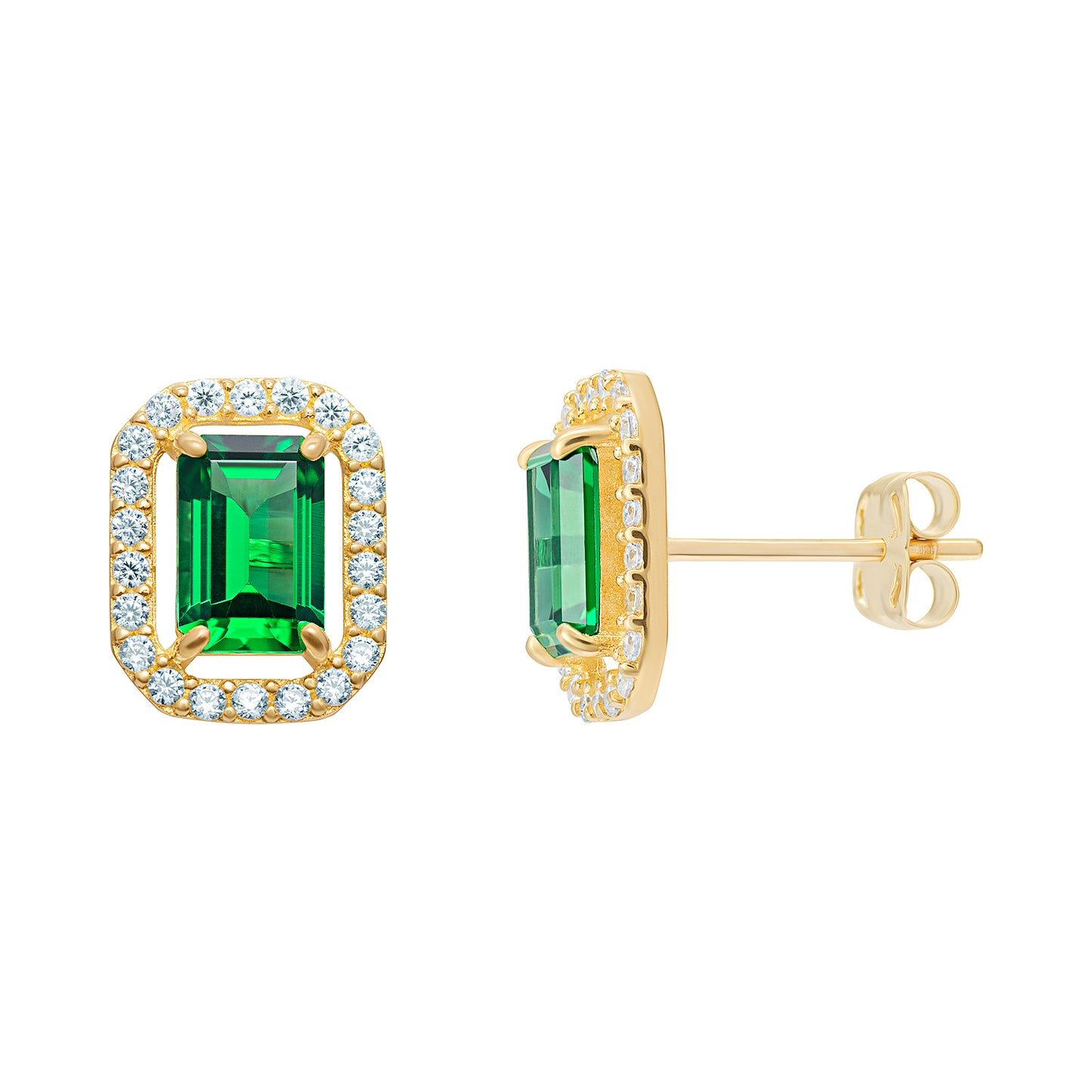 9ct Gold Cubic Zirconia Emerald Cut Halo Stud Earrings