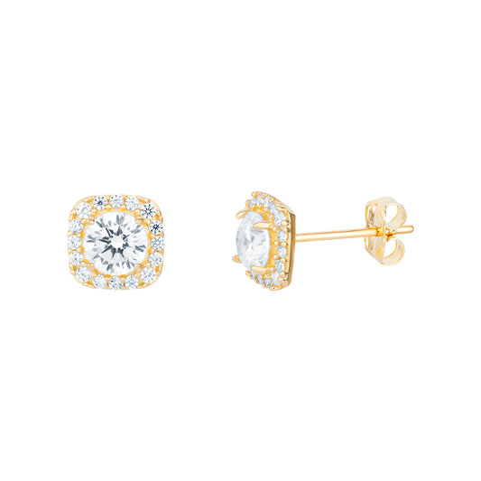 9ct Gold Cubid Zirconia Halo 6mm Square Stud Earrings