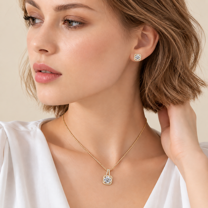 Women’s Cubic Zirconia Halo Crystal Pendant Necklace & Stud Earrings Jewellery Set