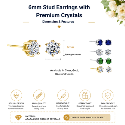 Gold or Silver Tone Stud Earrings with Premium Crystals