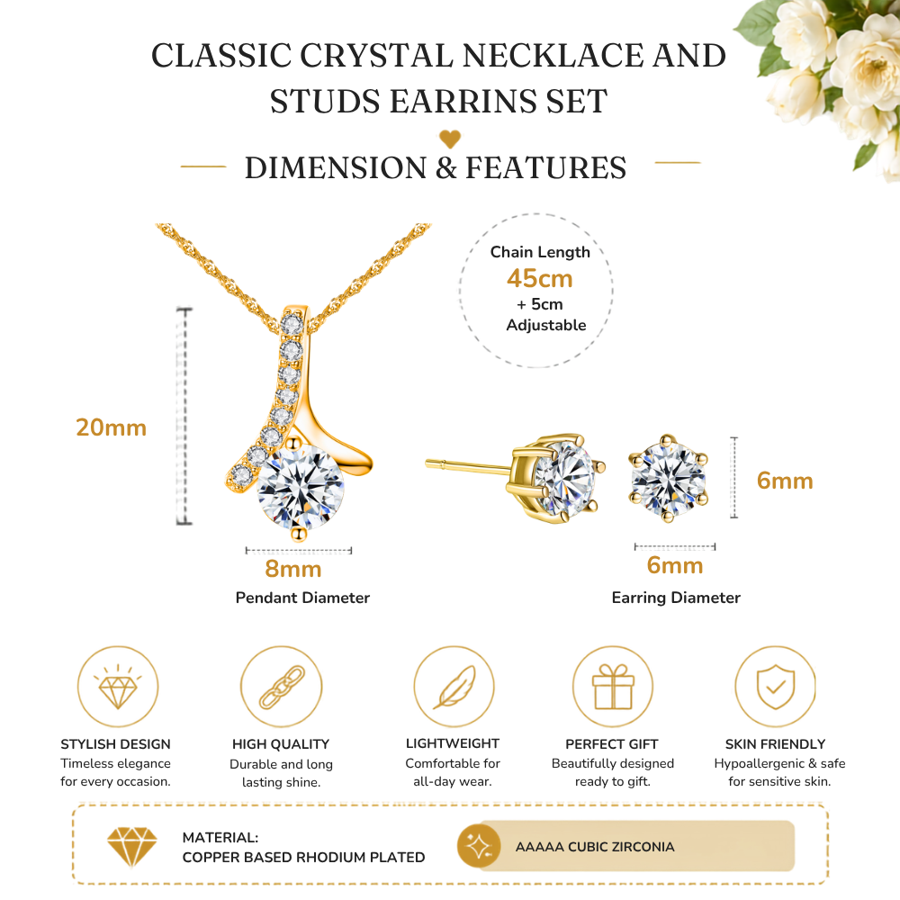 Solitaire Zircon Crystal Pendant Necklace and Stud Earrings Set