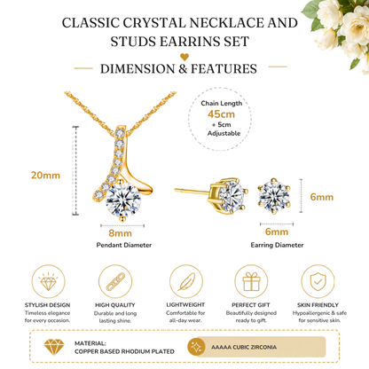Solitaire Zircon Crystal Pendant Necklace and Stud Earrings Set
