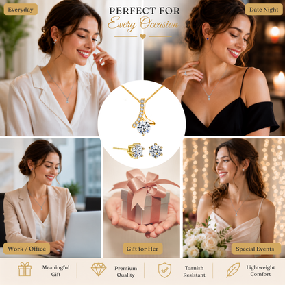 Solitaire Zircon Crystal Pendant Necklace and Stud Earrings Set
