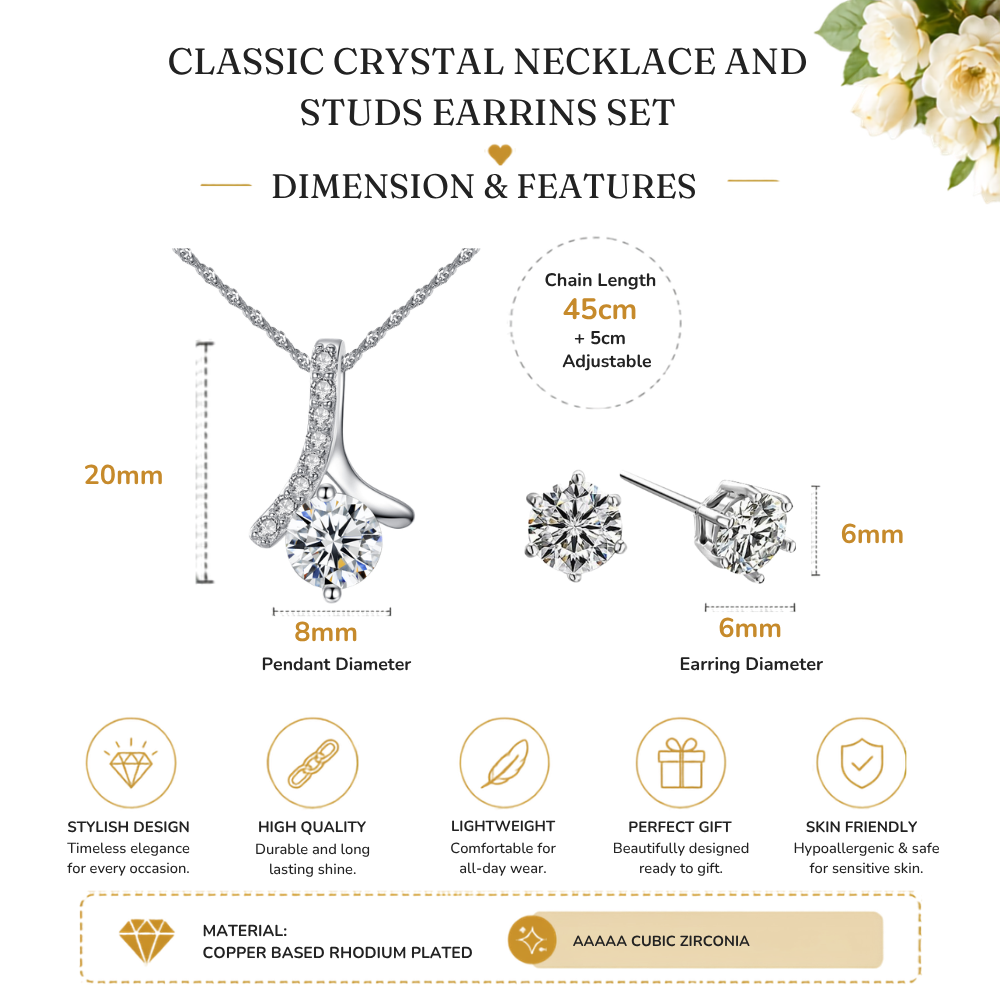 Solitaire Zircon Crystal Pendant Necklace and Stud Earrings Set