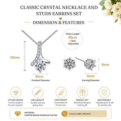 Solitaire Zircon Crystal Pendant Necklace and Stud Earrings Set