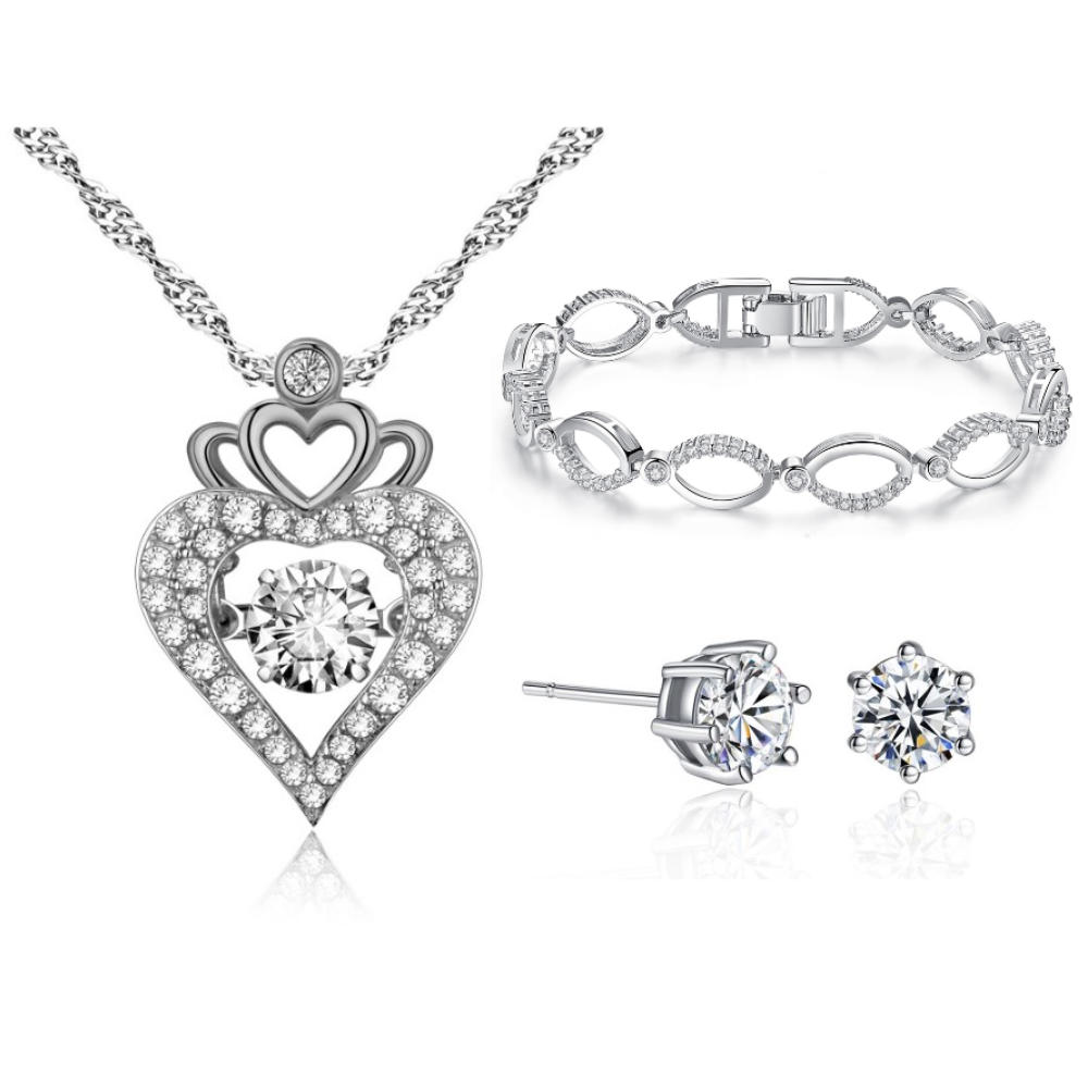 Love Heart Necklace, Bracelet and Stud Earrings Jewellery Tri Set