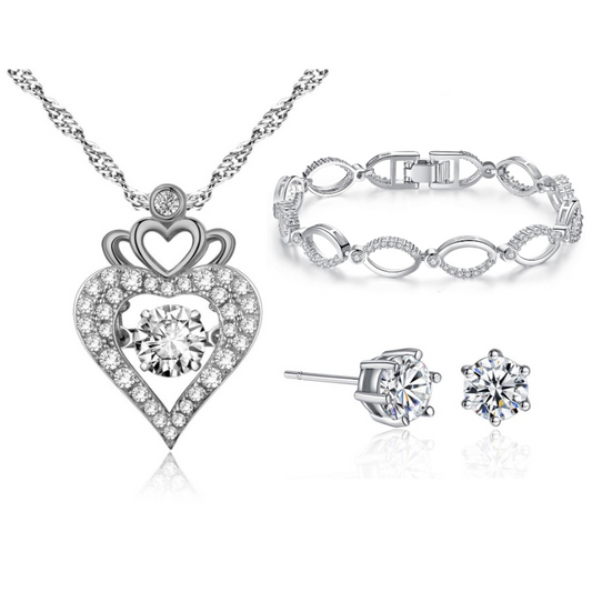 Love Heart Necklace, Bracelet and Stud Earrings Jewellery Tri Set