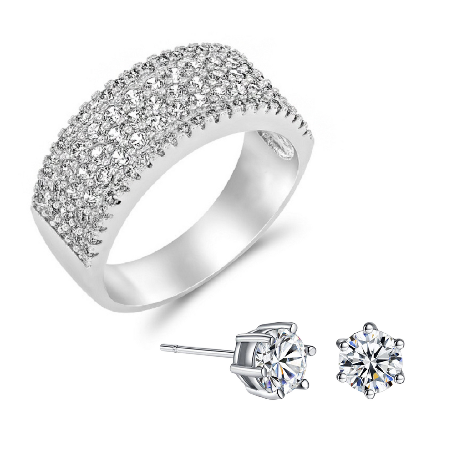 S925 Sterling Silver Band Crystal Ring & Stud Earrings Jewellery Set