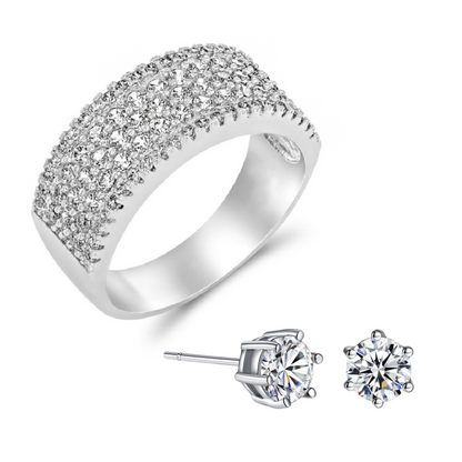 S925 Sterling Silver Band Crystal Ring & Stud Earrings Jewellery Set