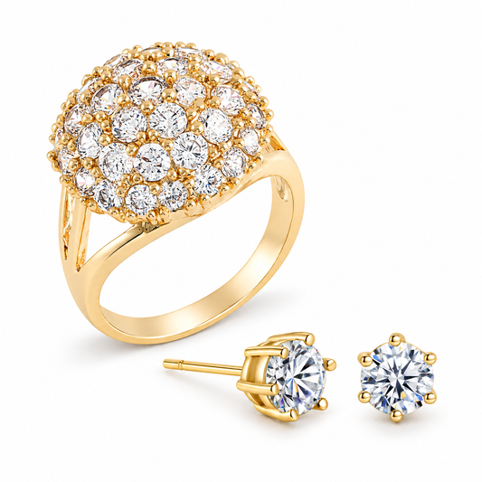 Cluster Crystal Ring & Solitaire Stud Earrings Set