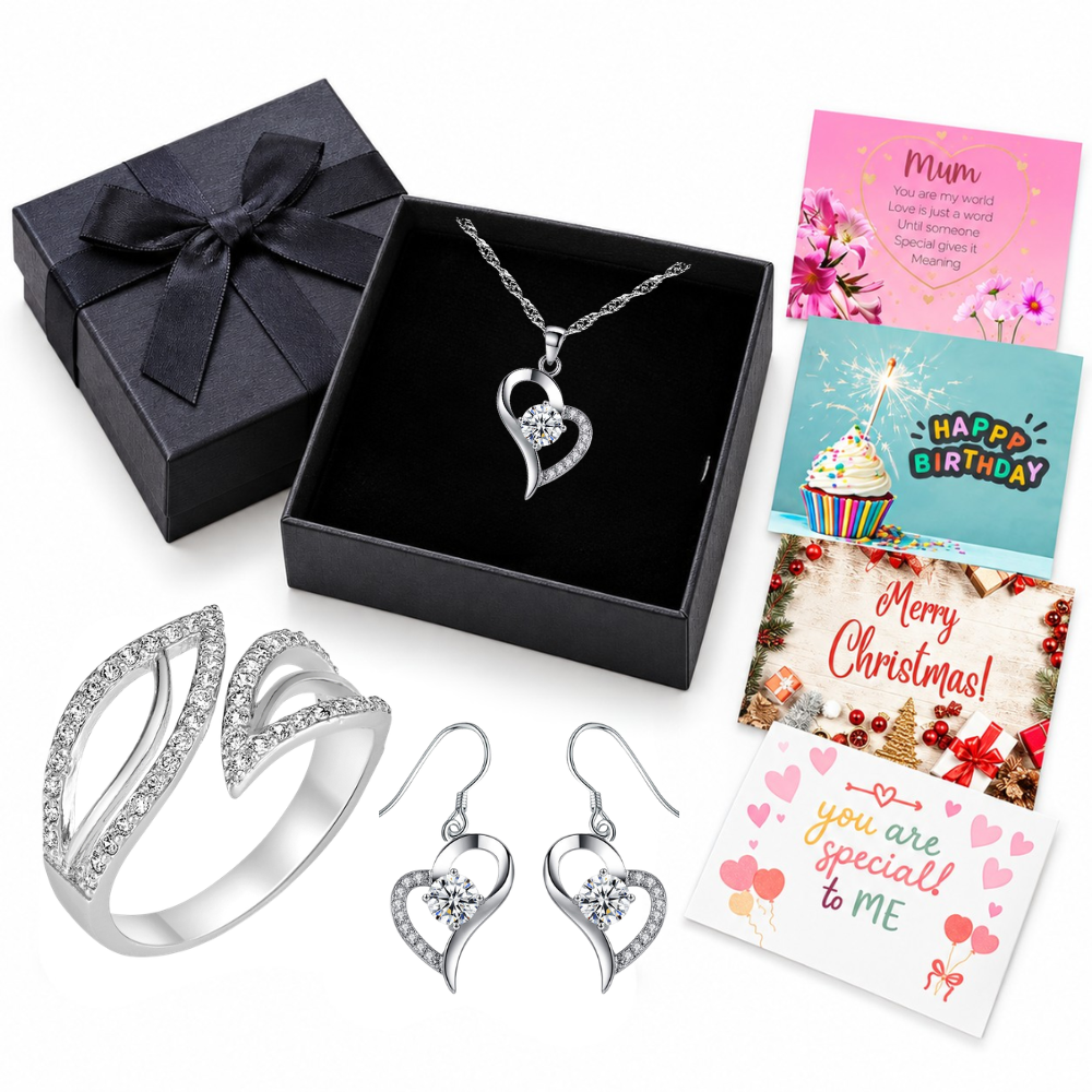 Heart Pendant Necklace, Drop Earrings and Open Ring Jewellery Set with Message and Gift Box – Birthday, Christmas, Mum Gift (Copy)