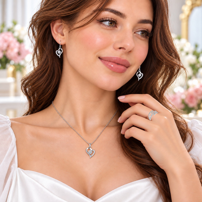 Heart Pendant Necklace, Drop Earrings and Open Ring Jewellery Set with Message and Gift Box – Birthday, Christmas, Mum Gift (Copy)