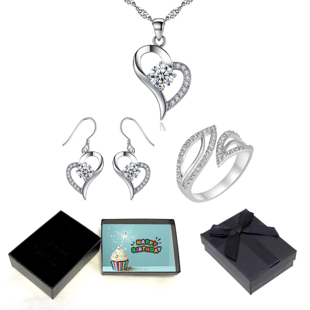 Heart Pendant Necklace, Drop Earrings and Open Ring Jewellery Set with Message and Gift Box – Birthday, Christmas, Mum Gift (Copy)
