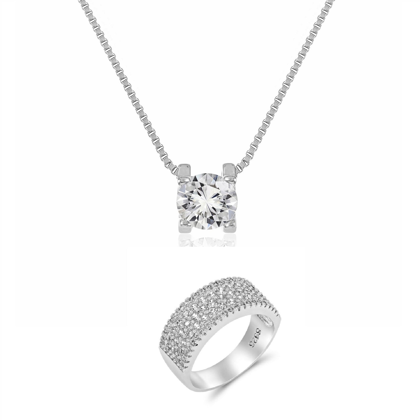 Solitaire Crystal Necklace and S925 Sterling Silver Band Ring Set