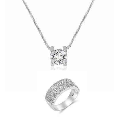 Solitaire Crystal Necklace and S925 Sterling Silver Band Ring Set
