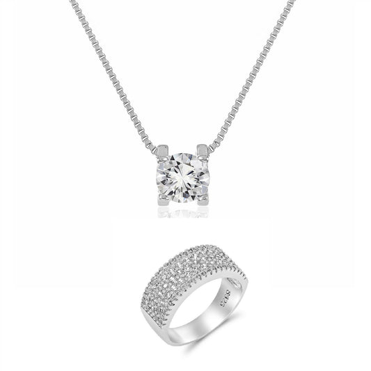Solitaire Crystal Necklace and S925 Sterling Silver Band Ring Set