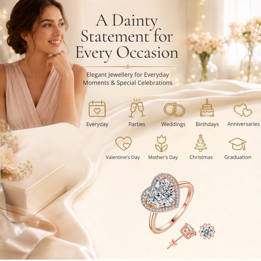 Rose Gold Heart Cubic Zirconia Crystals Halo Ring and Earring Set