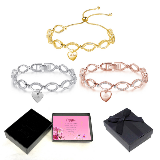 Multi-Link Infinity Bracelet for Mum with Premium Crystals Personalised Mum Tag Message Card Box- 3 Colour