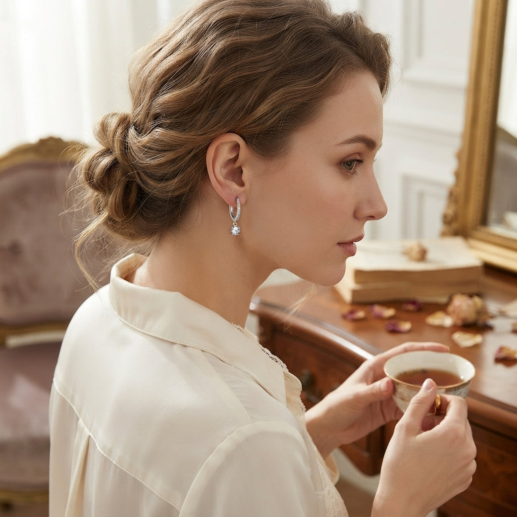 2 In One Round Cut Solitaire Engagement Rings Stacking Band & Drop Earrings Set Jewellery Set