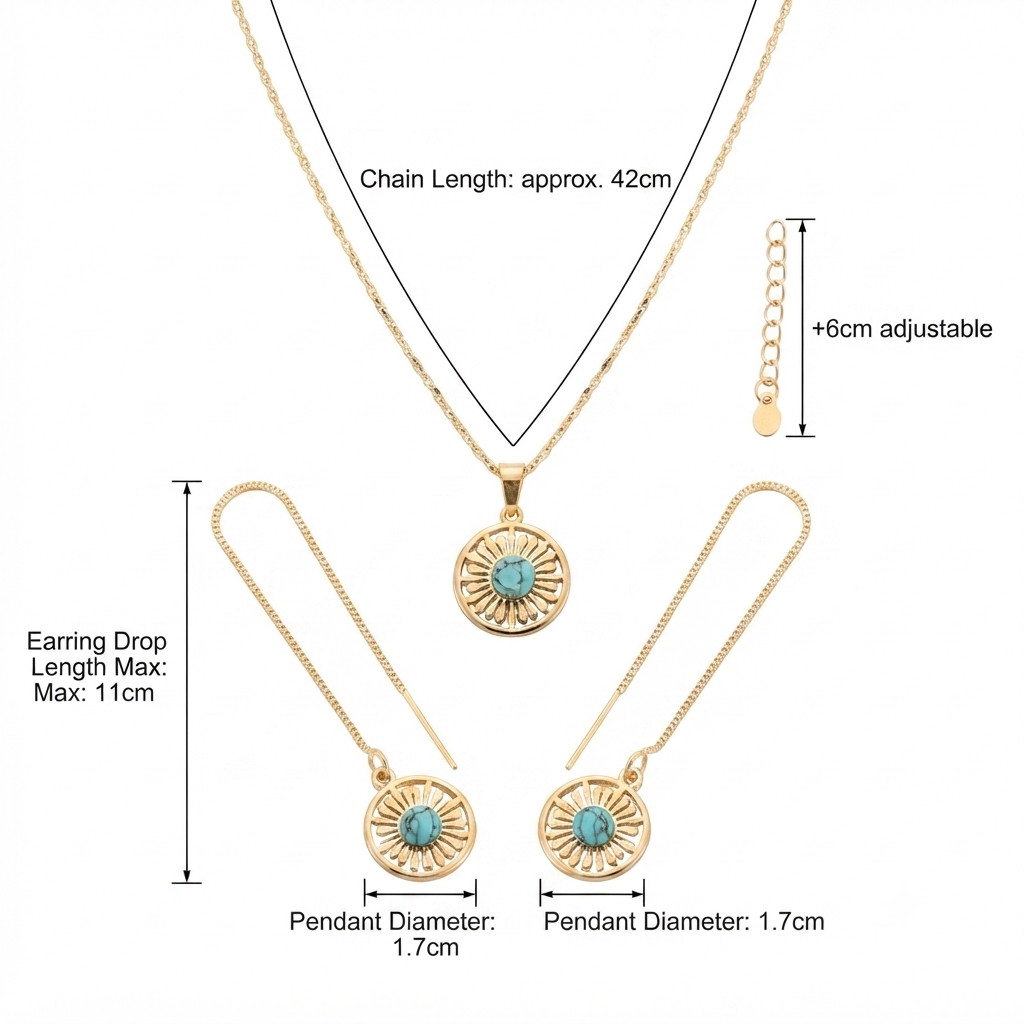 Natural Turquoise Stone Gold Tone Round Necklace and Earrings Set