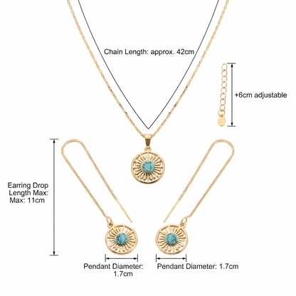Natural Turquoise Stone Gold Tone Round Necklace and Earrings Set