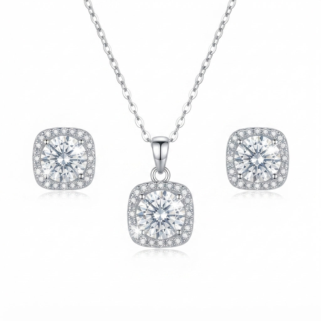Silver Tone Square Crystal Pendant Necklace and Stud Earrings Set
