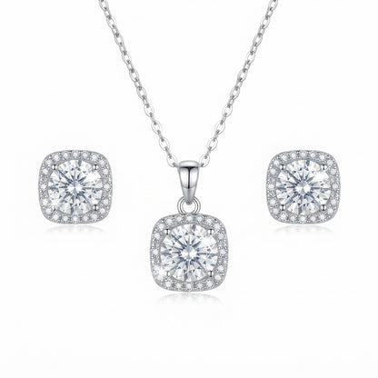 Silver Tone Square Crystal Pendant Necklace and Stud Earrings Set