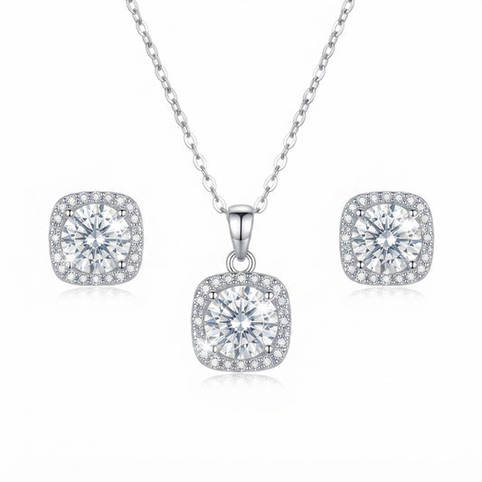 Silver Tone Square Crystal Pendant Necklace and Stud Earrings Set