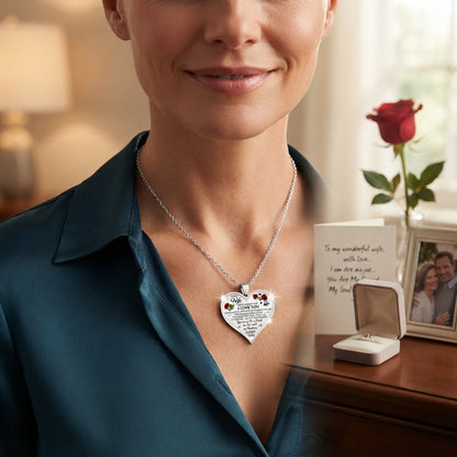 To My Wife Love Heart-Shaped Red Rose Silver Tone Pendant Necklace