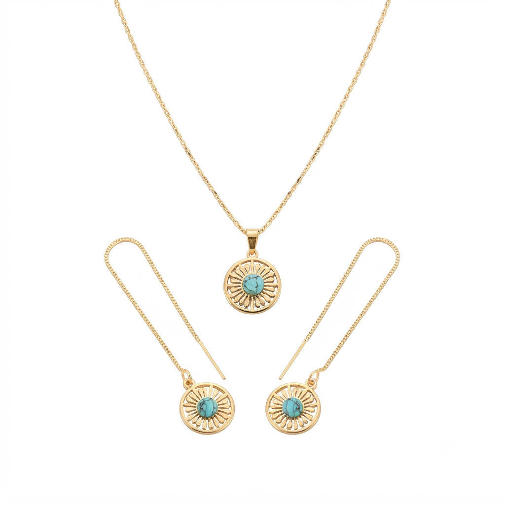 Natural Turquoise Stone Gold Tone Round Necklace and Earrings Set