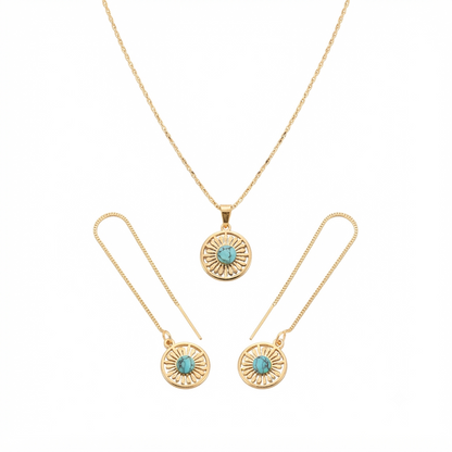 Natural Turquoise Stone Gold Tone Round Necklace and Earrings Set