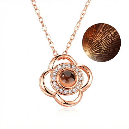 Evil Eye & Flower Clover Projection Necklace Rose Gold Tone Stainless Steel 100 Languages I Love You Memory Pendant