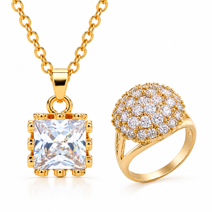 Princess Cut Square Pendant Necklace & Pavé Cluster Dome Ring Jewellery Set