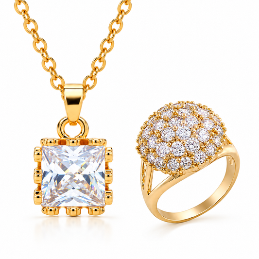 Princess Cut Square Pendant Necklace & Pavé Cluster Dome Ring Jewellery Set