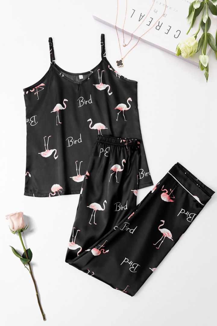 2-Piece Satin Pajama Set for Women Silky Cami Top & Long Trousers Sleepwear