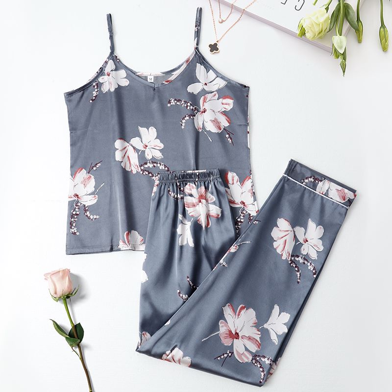 2-Piece Satin Pajama Set for Women Silky Cami Top & Long Trousers Sleepwear
